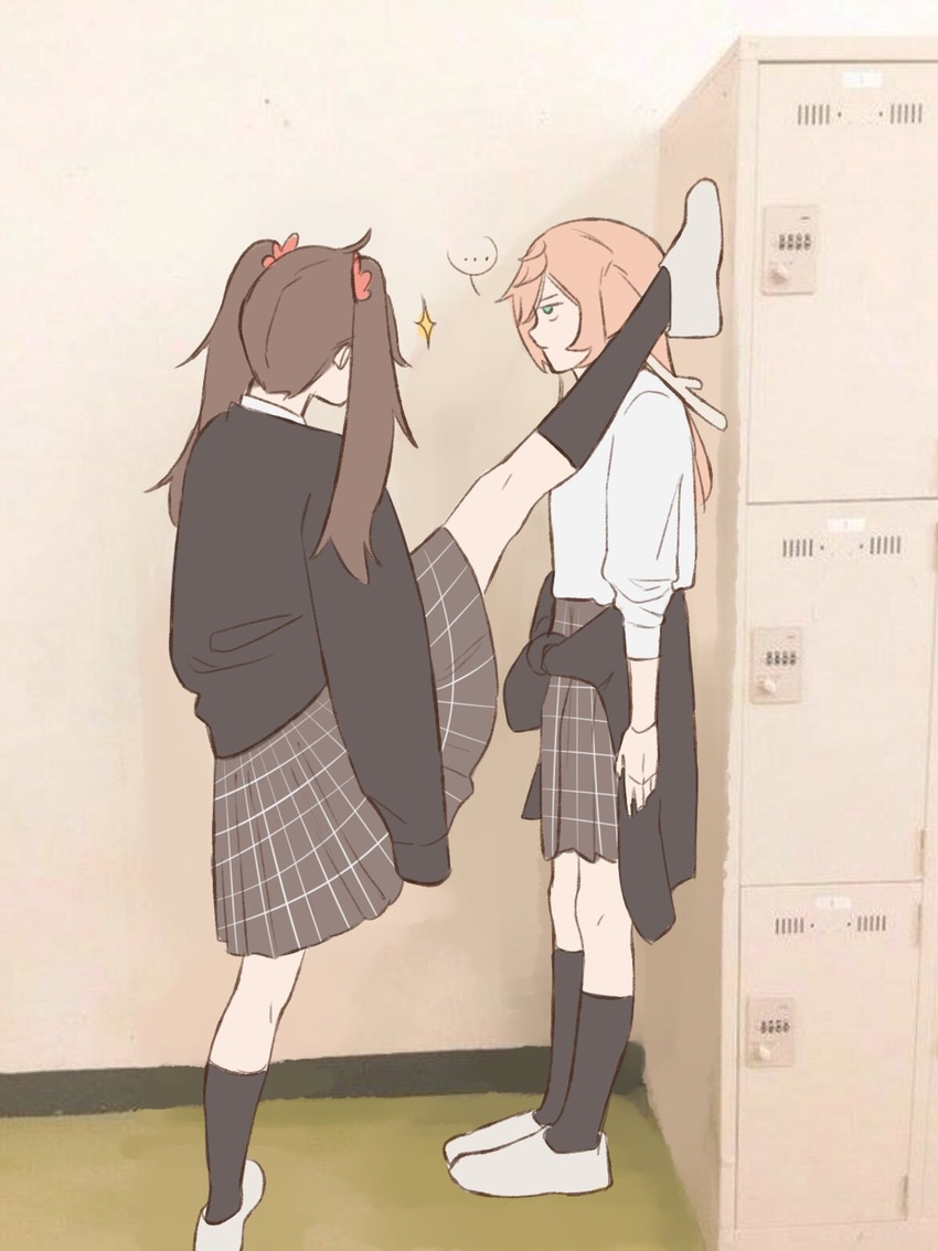 ... 2girls brown_hair chair_bun clothes_around_waist commentary english_commentary foot_kabedon genshin_impact highres hu_tao_(genshin_impact) kabedon locker locker_foot_kabedon_(meme) meme multiple_girls sparkle split spoken_ellipsis standing standing_on_one_leg standing_split sweater sweater_around_waist yanfei_(genshin_impact) yuri