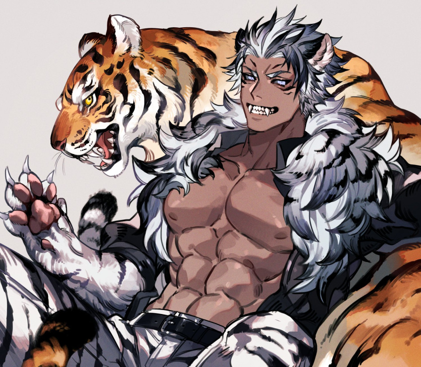 1boy abs animal_ears animal_hands animal_print azaya_(kuroi_azaya) bara bare_pectorals belt claws dark-skinned_male dark_skin furry furry_male highres jacket large_pectorals looking_at_viewer lying male_focus manly muscular muscular_male nipples oerba_yun_fang original pants pectorals tail tiger_boy tiger_ears tiger_tail white_eyes white_hair