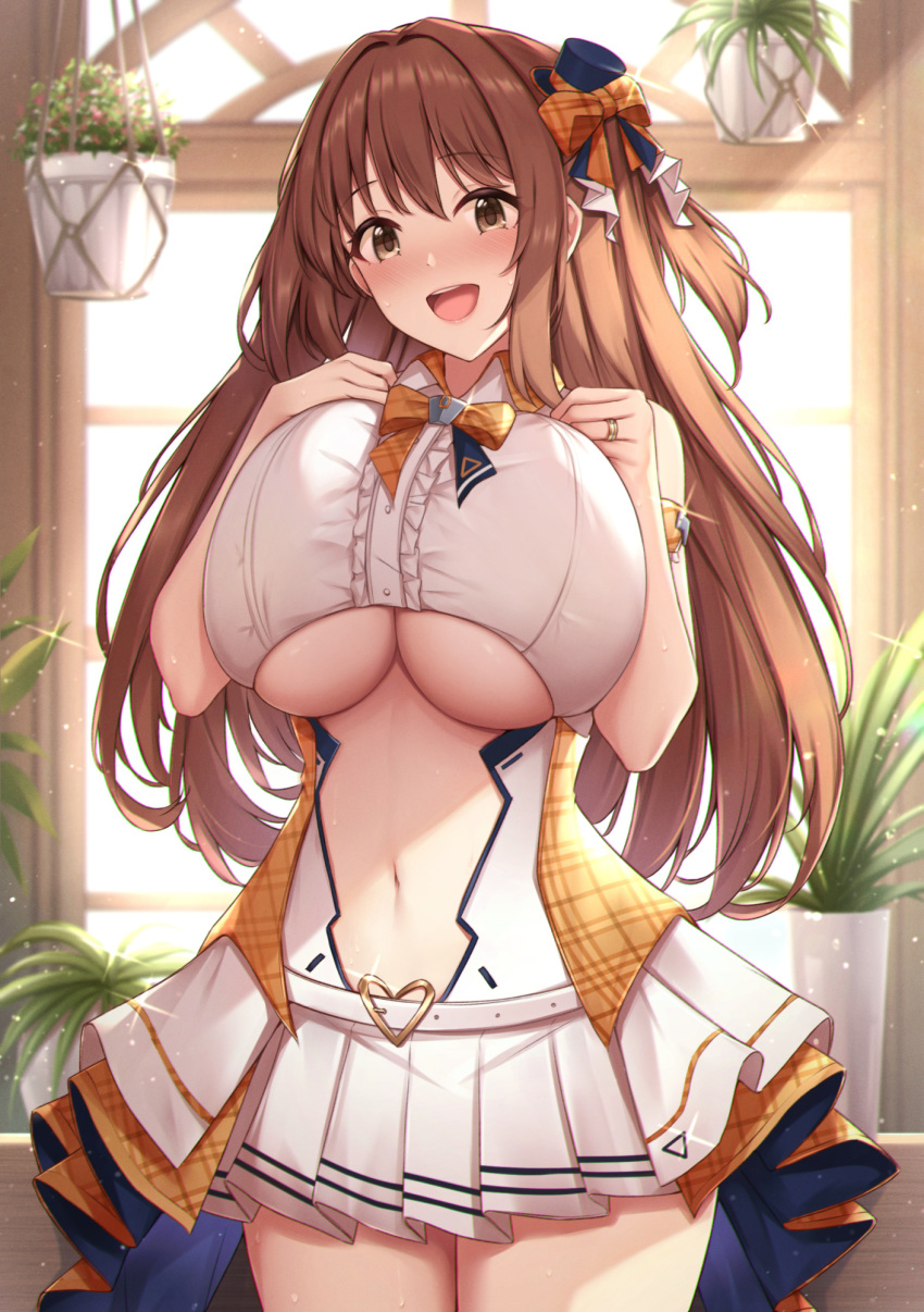 :d armlet azur_lane baltimore_(azur_lane) baltimore_(azur_lane)_(cosplay) baltimore_(muse)_(azur_lane) bare_shoulders blush bow breasts brown_eyes brown_hair center_opening cleavage clothing_cutout commentary_request commission cosplay cowboy_shot female hair_ornament hairbow hand_on_own_chest hat heart_belt highres idol indoors jewelry kannko_bokujou large_breasts long_hair mini_hat mini_top_hat miniskirt navel navel_cutout nozomi_(princess_connect!) open_mouth orange_bow pixiv_commission plant pleated_skirt princess_connect! ring skirt smile solo thighs top_hat two_side_up underboob underboob_cutout white_skirt window