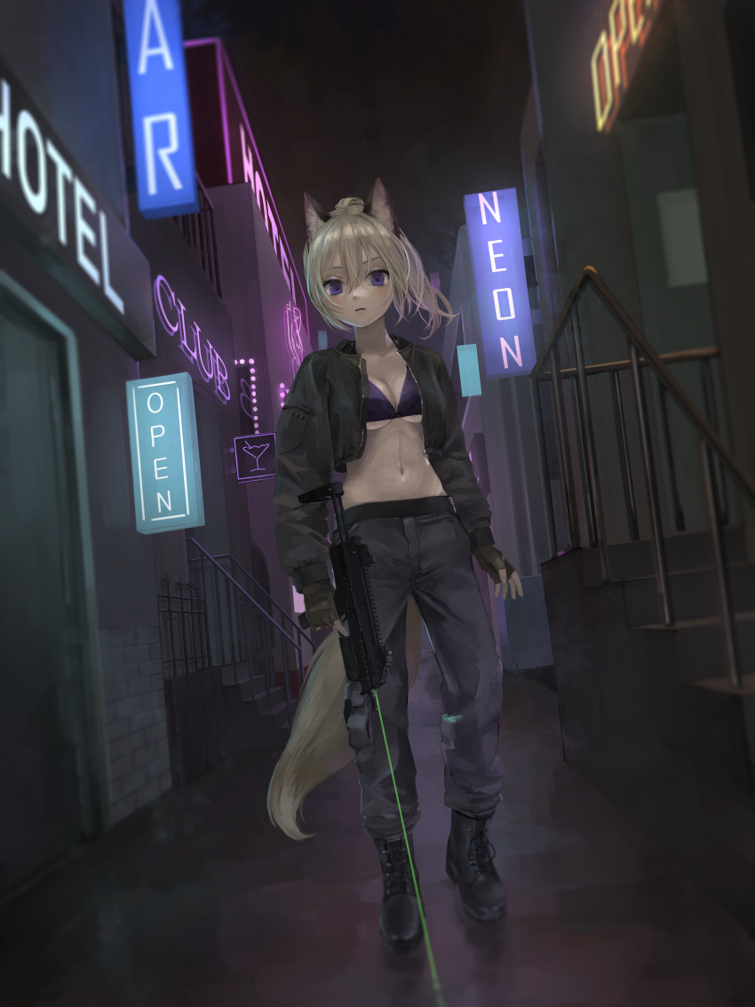 absurdres animal_ears bad_id bad_pixiv_id black_footwear black_jacket black_pants blonde_hair boots bra breasts brown_gloves building closed_mouth commentary_request commission cropped_jacket dutch_angle english_commentary english_text female fingerless_gloves fox_ears fox_girl fox_tail full_body gloves gun h&k_mp7 hair_between_eyes heel_up highres holding holding_gun holding_weapon jacket laser laser_pointer_projection laser_sight long_sleeves looking_at_viewer medium_breasts medium_hair mixed-language_commentary namuta navel neon_lights night open_clothes open_jacket original outdoors pants pants_tucked_in ponytail purple_bra purple_eyes sign skeb_commission solo standing stomach submachine_gun tail trigger_discipline underboob underwear weapon