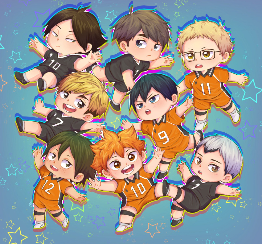 6+boys ainudraws black_hair blonde_hair blue_eyes chibi chibi_only glasses green_eyes green_hair haikyuu!! highres hinata_shouyou kageyama_tobio karasuno_volleyball_uniform kita_shinsuke looking_at_viewer male_focus miya_atsumu miya_osamu multiple_boys numbered open_mouth orange_eyes orange_hair short_hair simple_background smile sportswear star_(symbol) suna_rintarou tsukishima_kei volleyball_uniform white_hair yamaguchi_tadashi yellow_eyes