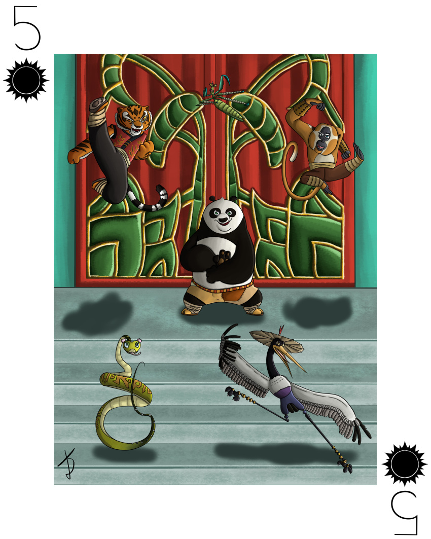 4:5 absurd_res anthro arthropod avian bear bird card card_template custom_cards dreamworks felid female giant_panda group haplorhine hi_res insects jade_palace kung_fu_panda male mammal mantis master_crane master_mantis master_monkey master_po_ping master_tigress master_viper monkey pantherine playing_card playing_card_template primate reptile scalie shiromon999 snake tiger