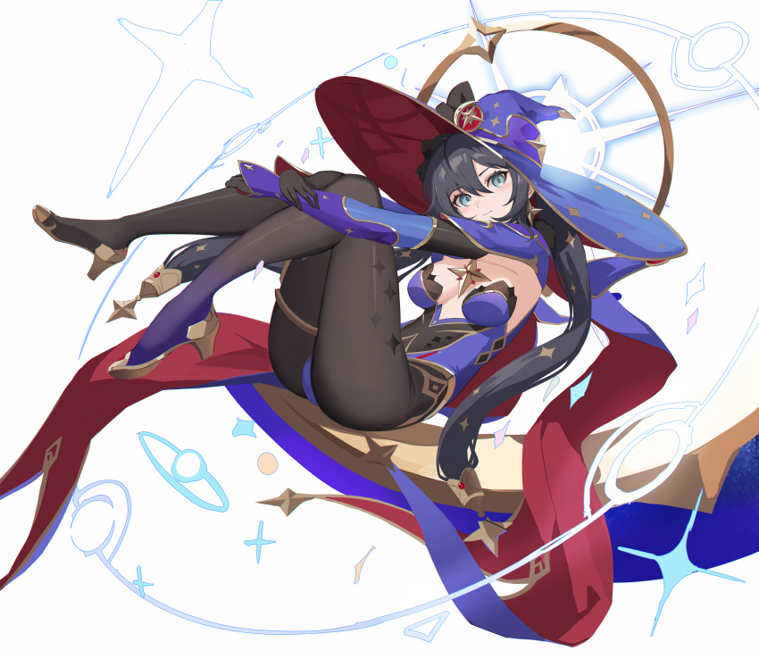 absurdres ass black_gloves black_hair black_pantyhose blue_eyes breasts elbow_gloves eruthika female full_body genshin_impact gloves hair_between_eyes hair_ornament hat highres knees_to_chest knees_together_feet_apart leotard long_hair medium_breasts mona_(genshin_impact) pantyhose simple_background smile solo thighlet twintails very_long_hair white_background witch_hat