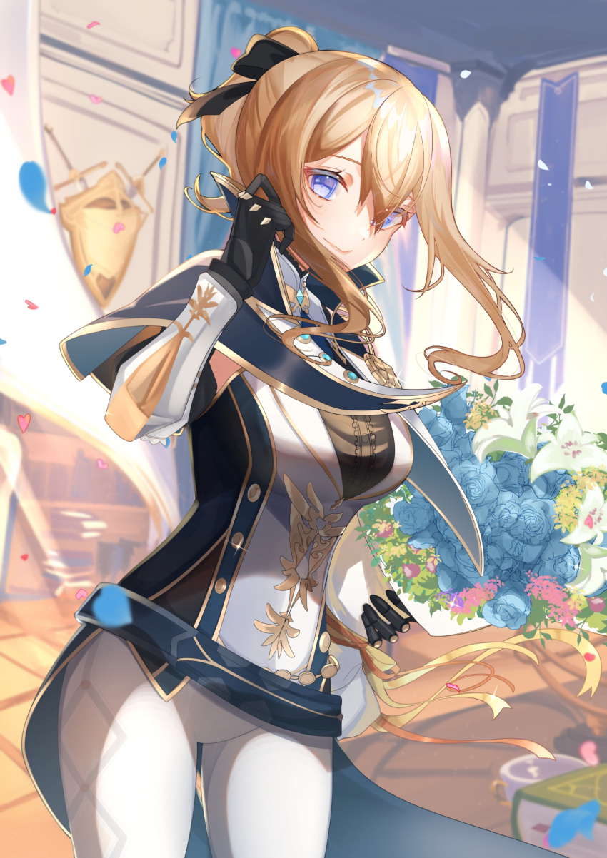 black_bow black_shirt blonde_hair blue_capelet blue_eyes bouquet bow breasts capelet closed_mouth commentary dress_shirt falling_petals female flower genshin_impact gloves hairbow hand_up high_collar high_ponytail highres holding holding_bouquet indoors jean_(genshin_impact) jean_(gunnhildr's_legacy)_(genshin_impact) medium_breasts multicolored_capelet natsuki_yoru official_alternate_costume pants petals ponytail shirt sidelocks sleeveless sleeveless_shirt smile solo tight_clothes white_pants