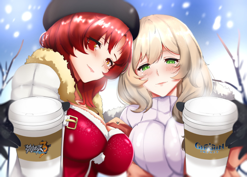 2girls alternate_costume beret black_gloves blue_sky blush breasts brown_hair commentary company_connection copyright_name cup disposable_coffee_cup disposable_cup english_commentary eyes_visible_through_hair genshin_impact gloves green_eyes hat highres honkai_(series) honkai_impact_3rd large_breasts lion_space lisa_(genshin_impact) looking_at_viewer mihoyo multiple_girls murata_himeko murata_himeko_(valkyrie_triumph) red_hair sky snow snowing sweater tanaka_rie tree voice_actor_connection white_sweater yellow_eyes