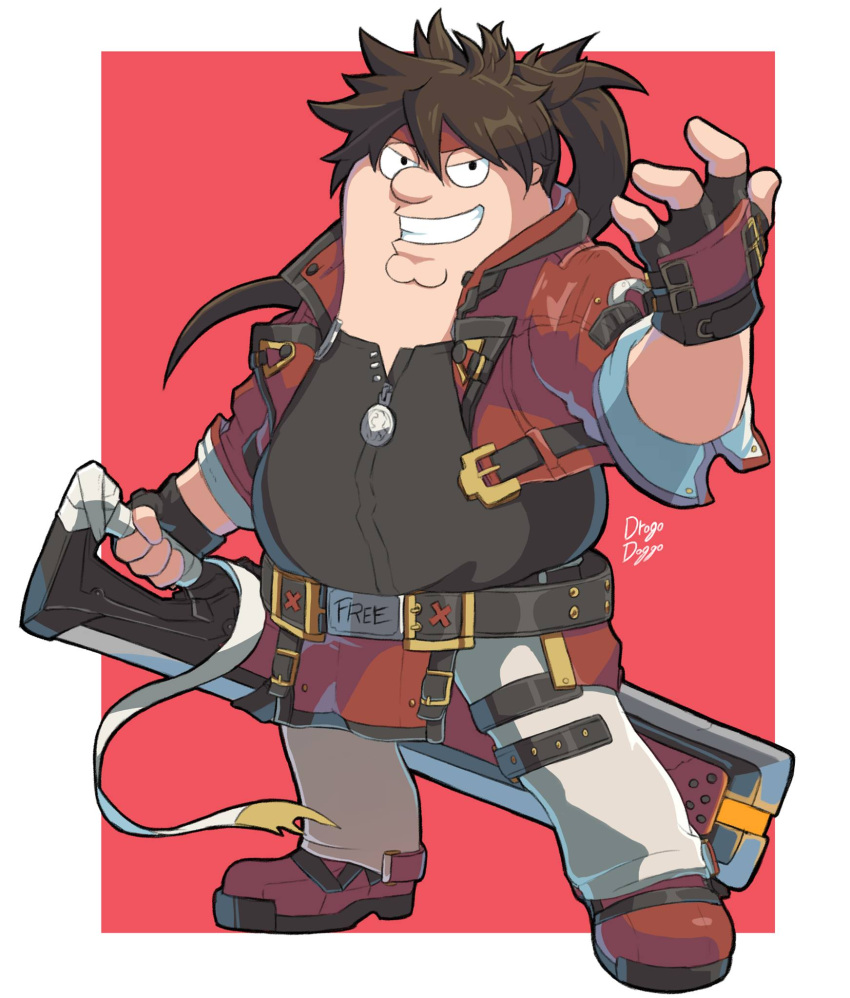 1boy belt_buckle big_belly black_eyes black_gloves boots border brown_hair buckle commentary cosplay double_chin drogo_doggo english_commentary family_guy fat fat_man fewer_digits fingerless_gloves full_body gloves grin guilty_gear guilty_gear_strive headband highres holding holding_sword holding_weapon long_hair looking_at_viewer male_focus outrage_mk_ii pants parody peter_griffin ponytail pun red_background red_footwear red_headband red_vest reverse_grip signature smile sol_badguy sol_badguy_(cosplay) solo sword vest weapon white_border zipper_pull_tab