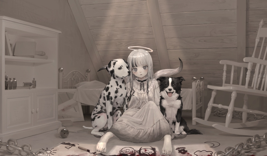 attic barefoot bed black_ribbon blood blunt_bangs book border_collie bottle canine chains chair child's_drawing commentary cupboard dalmatian day dress expressionless female frilled_shirt_collar frills full_body grey_eyes halo highres indoors light_rays long_dress long_hair long_sleeves looking_at_viewer mirror multicolored_hair namuta neck_ribbon on_floor original pale_skin pointy_ears ribbon rocking_chair sitting solo streaked_hair sunlight white_dress white_hair white_theme