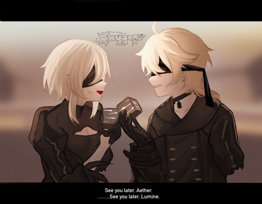 1boy aether_(genshin_impact) bangs black_dress blindfold blonde_hair blush braid cosplay dress eyebrows_visible_through_hair female genshin_impact gloves hair_between_eyes hair_ornament highres long_hair long_sleeves looking_at_viewer lumine_(genshin_impact) nier nier_(series) nier_automata open_mouth oxygen_(0220) simple_background single_braid sword weapon yorha_no._2_type_b yorha_no._2_type_b_(cosplay) yorha_no._9_type_s yorha_no._9_type_s_(cosplay)