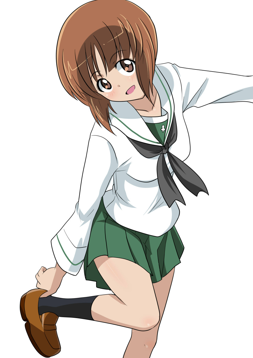 absurdres black_neckerchief black_socks blouse brown_eyes brown_footwear brown_hair commentary female girls_und_panzer green_skirt head_tilt highres leg_up loafers long_sleeves looking_at_viewer miniskirt neckerchief nishizumi_miho ooarai_school_uniform open_mouth pleated_skirt pulling_own_clothes sailor_collar school_uniform serafuku shirt shoe_pull shoes short_hair skirt smile socks solo standing standing_on_one_leg wakku_kan white_sailor_collar white_shirt