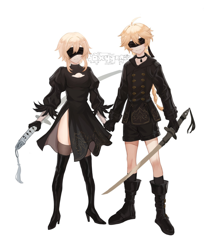 1boy aether_(genshin_impact) bangs black_dress blindfold blonde_hair blush braid cosplay dress eyebrows_visible_through_hair female genshin_impact gloves hair_between_eyes hair_ornament highres long_hair long_sleeves looking_at_viewer lumine_(genshin_impact) nier nier_(series) nier_automata oxygen_(0220) single_braid sword weapon white_background yorha_no._2_type_b yorha_no._2_type_b_(cosplay) yorha_no._9_type_s yorha_no._9_type_s_(cosplay)