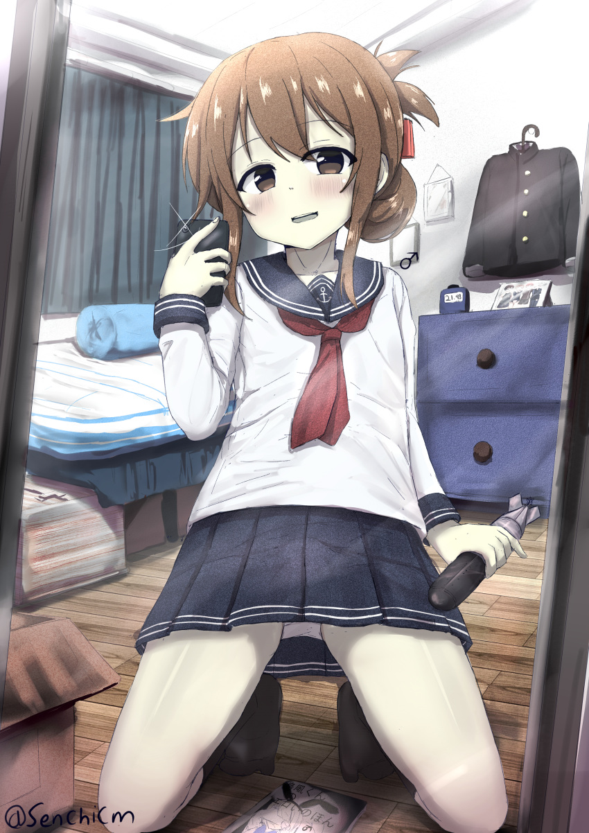 1boy absurdres bed black_socks blue_skirt brown_eyes brown_hair cellphone cosplay crossdressing folded_ponytail highres holding holding_phone holding_torpedo inazuma_(kancolle) inazuma_(kancolle)_(cosplay) indoors kantai_collection long_hair long_sleeves male_focus mars_symbol miniskirt mirror neckerchief original otoko_no_ko panties phone pleated_skirt red_neckerchief reflection school_uniform selfie senchimee serafuku sidelocks skirt smartphone socks solo torpedo underwear white_panties