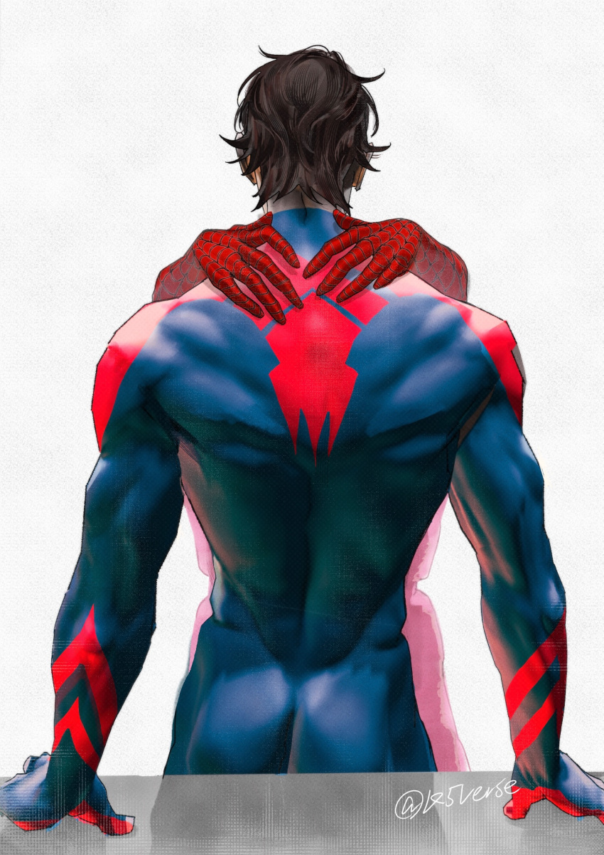 2boys ass back bara black_hair blue_bodysuit bodysuit highres k5verse male_focus marvel miguel_o'hara multiple_boys muscular muscular_male peter_b_parker red_bodysuit short_hair spider-man:_across_the_spider-verse spider-man_(series) spider-verse twitter_username two-tone_bodysuit yaoi