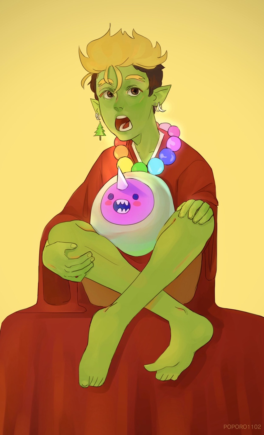 adolescent ambiguous_gender barefoot blonde_hair clothed clothing drawfee_(copyright) drawtectives ear_piercing feet fully_clothed green_body green_skin gyorik_rogdul hair hi_res humanoid jewelry necklace not_furry orc piercing plushie poporo_1102 solo young