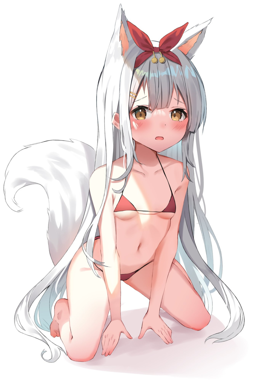 all_fours animal_ears barefoot bikini blush breasts collarbone commentary_request extra_ears female fox_ears fox_girl fox_tail full_body hair_ornament hair_ribbon hairclip highres kneeling long_hair looking_at_viewer micro_bikini mizuki_ryuu navel original parted_lips red_bikini ribbon shadow simple_background small_breasts solo swimsuit tail very_long_hair white_background white_hair yellow_eyes