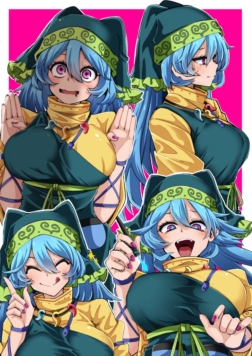 :q apron blue_eyes blue_hair breasts closed_eyes closed_mouth commentary_request female green_apron green_headwear haniyasushin_keiki head_scarf highres jewelry large_breasts long_hair magatama magatama_necklace multiple_views necklace pink_background pink_eyes purple_nails rihito_(usazukin) shadow single_strap smile tongue tongue_out touhou v