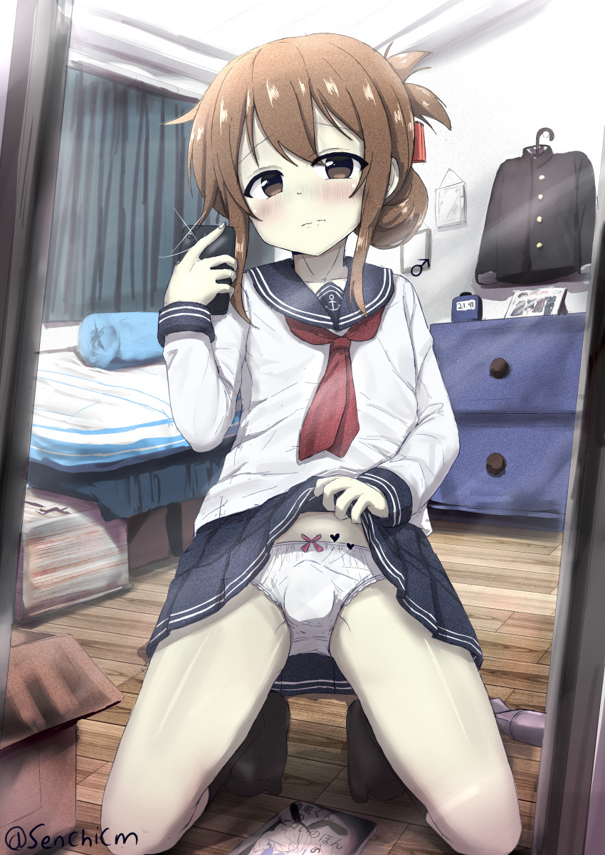 1boy absurdres bed black_socks blue_skirt brown_eyes brown_hair bulge cellphone clothes_lift cosplay crossdressing folded_ponytail highres holding holding_phone inazuma_(kancolle) inazuma_(kancolle)_(cosplay) indoors kantai_collection lifting_own_clothes long_hair long_sleeves male_focus mars_symbol miniskirt mirror neckerchief original otoko_no_ko panties phone pleated_skirt red_neckerchief reflection school_uniform selfie senchimee serafuku sidelocks skirt skirt_lift smartphone socks solo underwear white_panties