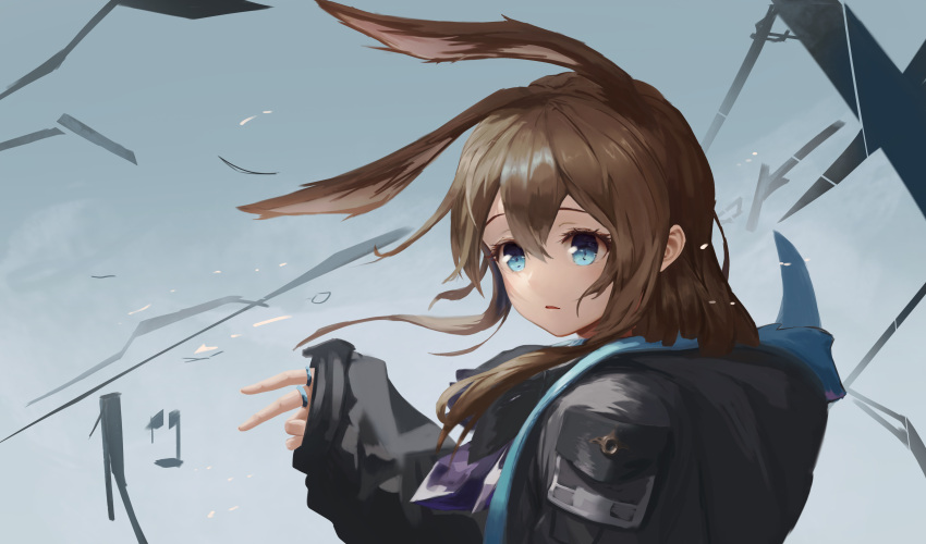 :o absurdres amiya_(arknights) animal_ears arknights aton_(user_kufr5245) black_jacket blue_eyes brown_hair female hair_between_eyes highres jacket jewelry long_hair long_sleeves looking_at_viewer open_mouth rabbit_ears ring solo upper_body v