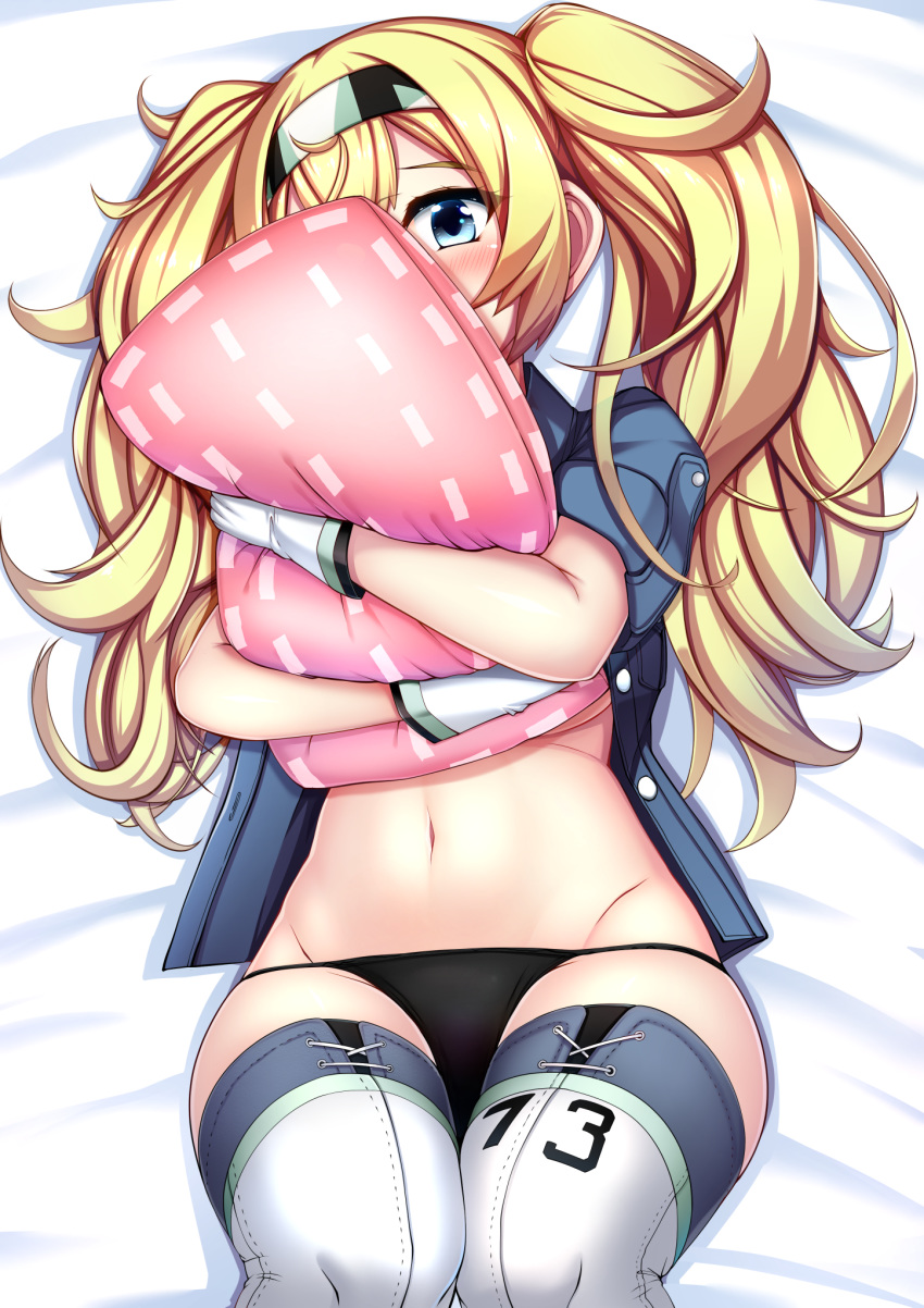 black_panties blonde_hair blue_eyes blue_shirt breasts collared_shirt female fuuki_(te_fuukin) gambier_bay_(kancolle) hairband highres hug hugging_object kantai_collection large_breasts lying navel on_back open_clothes open_shirt panties pillow pillow_hug shirt solo thighhighs twintails underwear white_thighhighs