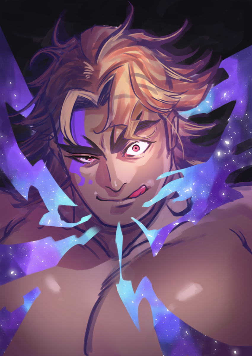 1boy :q alternate_facial_hair bara evil_eyes forked_eyebrows highres huge_pectorals loki_(housamo) long_sideburns looking_at_viewer male_focus mature_male mouth_trail muscular muscular_male naughty_face nude sat0_syohei short_hair sideburns solo thick_eyebrows tokyo_afterschool_summoners tongue tongue_out umbrakinesis uneven_eyes upper_body