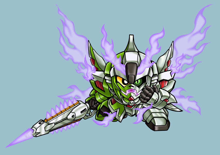 barutan blue_background crossbone_gundam crossbone_gundam_ghost fire ghost_gundam green_eyes gundam heterochromia highres holding holding_sword holding_weapon mecha mobile_suit no_humans orange_eyes phantom_gundam purple_fire robot science_fiction sd_gundam skull solo sword v-fin weapon