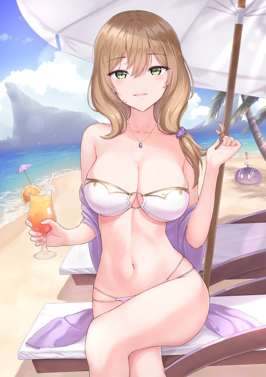 ! bandeau bare_shoulders beach beach_chair beach_umbrella bikini blue_sky breasts brown_hair cleavage cliff commentary_request crossed_legs cup day drinking_glass drinking_straw duplicate female food fruit genshin_impact green_eyes hair_between_eyes highres holding jewelry large_breasts lisa_(genshin_impact) long_hair looking_at_viewer marinesnow navel necklace o-ring o-ring_bikini open_mouth orange_(fruit) orange_slice outdoors playing_with_own_hair shawl sitting sky smile solo stomach strapless strapless_bikini swimsuit tied_hair umbrella water white_bikini