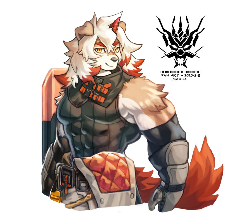 2020 anthro arknights canid canine canis clothing countershading domestic_dog fur hair hi_res horn hung_(arknights) hypergryph male mammal multicolored_body multicolored_fur multicolored_hair orange_body solo studio_montagne white_hair wolfmalro