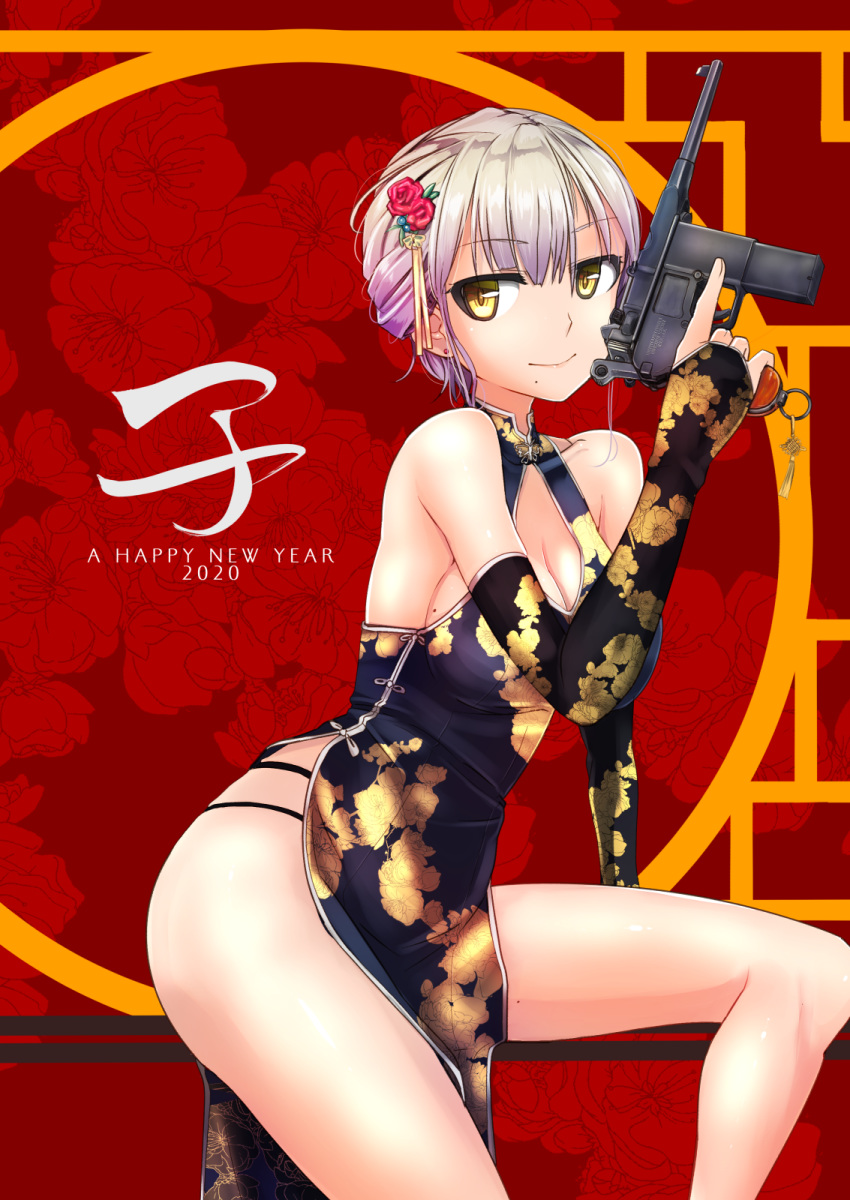 2020 black_dress black_panties breasts china_dress chinese_clothes chinese_zodiac cleavage closed_mouth commentary dress earrings english_text female floral_background floral_print flower grey_hair gun hair_flower hair_ornament halterneck handgun happy_new_year highres holding holding_gun holding_weapon jewelry leg_up long_sleeves looking_at_viewer mauser_c96 medium_dress medium_hair mole mole_under_mouth multi-strapped_panties new_year original panties print_dress short_hair side_slit sitting smile solo stud_earrings tied_hair tokihama_jirou trigger_discipline underwear weapon year_of_the_rat yellow_eyes