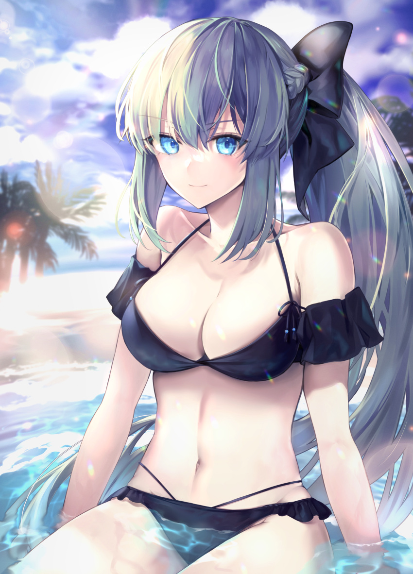 absurdres beach bikini black_bikini blue_eyes blush breasts cleavage closed_mouth cloud cloudy_sky day fate/grand_order fate_(series) female grey_hair hair_ribbon hane_yuki highres looking_at_viewer medium_breasts morgan_le_fay_(fate) navel ocean outdoors palm_tree ponytail ribbon sidelocks sitting sky soaking_hands solo swimsuit tree water wet