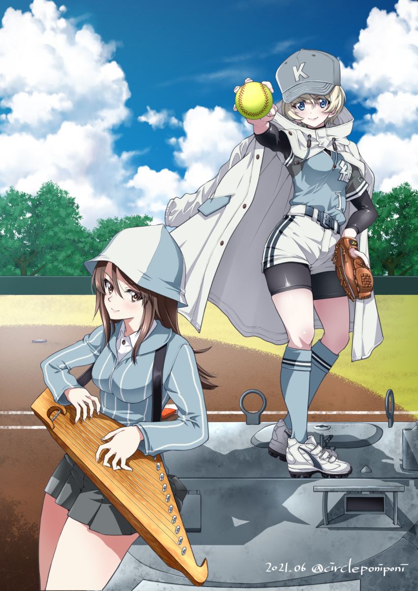 2girls baseball_cap baseball_mitt belt bike_shorts bike_shorts_under_shorts black_belt black_shirt black_shorts blue_headwear blue_legwear blue_shirt blue_sky brown_eyes brown_hair bt-42 closed_mouth cloud cloudy_sky coat commentary_request dated day dress_shirt girls_und_panzer grey_skirt hat high-waist_shorts highres holding holding_instrument hood hood_up hooded_coat inoue_yoshihisa instrument kantele keizoku_school_uniform layered_sleeves long_hair long_sleeves looking_at_viewer mika_(girls_und_panzer) military military_vehicle miniskirt motor_vehicle multiple_girls music on_vehicle outdoors partial_commentary playing_instrument pleated_skirt school_uniform shirt shoes short_over_long_sleeves short_sleeves shorts sitting skirt sky smile socks softball softball_(object) softball_uniform sportswear standing striped_clothes striped_shirt tank tulip_hat twitter_username unbuttoned vertical-striped_clothes vertical-striped_shirt white_coat white_footwear white_shirt white_shorts wing_collar youko_(girls_und_panzer)