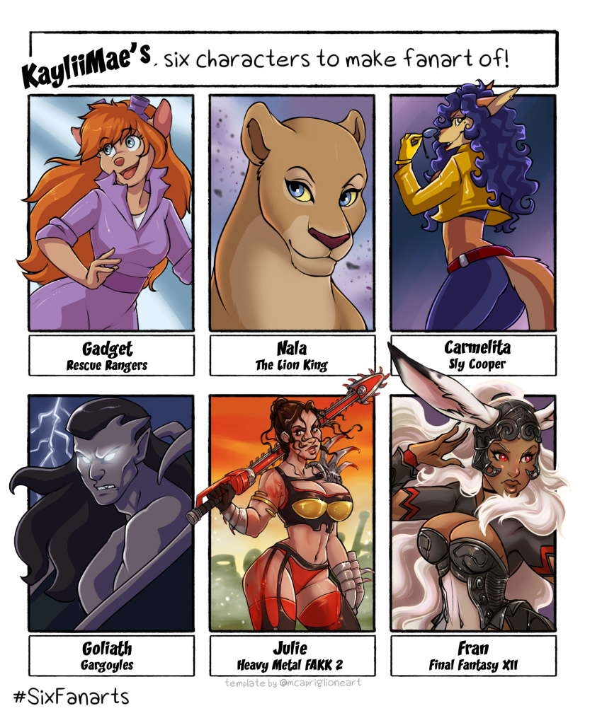 2020 4_fingers animal_humanoid anthro armor big_breasts black_hair blue_eyes blue_hair breasts brown_body brown_eyes brown_fur brown_hair canid canine carmelita_fox chainsaw_sword chip_'n_dale_rescue_rangers clothed clothing dark_body dark_skin dipstick_ears disney ear_markings ear_piercing ear_ring electricity english_text eyewear eyewear_on_head felid female feral final_fantasy final_fantasy_xii fingers fox fran_(final_fantasy) fully_clothed fur gadget_hackwrench gargoyle gargoyles gloves glowing glowing_eyes goggles goggles_on_head goliath_(gargoyles) grey_body group hair handwear heavy_metal heavy_metal:_f.a.k.k._2 heavy_metal_2000 hi_res human humanoid julie_strain kaylii lagomorph lagomorph_humanoid leporid_humanoid lightning lion lips long_hair looking_at_viewer male mammal mammal_humanoid markings meme mole_(marking) mouse multicolored_ears murid murine muscular muscular_female muscular_male nala_(the_lion_king) pantherine piercing rabbit_humanoid red_eyes red_hair ring_piercing rodent scar signature six_fanarts_challenge sly_cooper_(series) sony_corporation sony_interactive_entertainment square_enix sucker_punch_productions sunglasses text the_lion_king thick_lips thick_thighs topwear vest viera white_hair wings