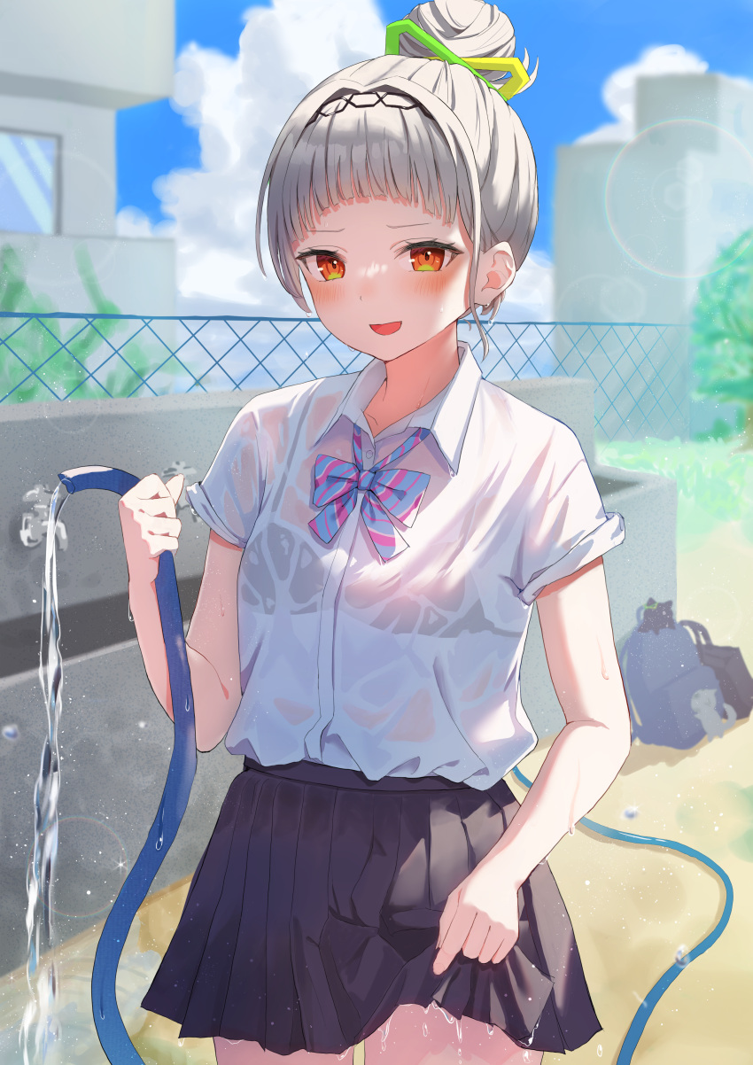 absurdres arched_bangs bag blush bra_visible_through_clothes breasts clothes_lift female grey_hair hair_bun hair_ornament hairband highres holding holding_hose hololive hose lifting_own_clothes long_sleeves looking_at_viewer mei_am0 murasaki_shion neckerchief neko_(minato_aqua) open_mouth outdoors pleated_skirt school_uniform shiokko_(murasaki_shion) short_hair skirt skirt_lift small_breasts smile solo virtual_youtuber water wet wet_clothes yellow_eyes