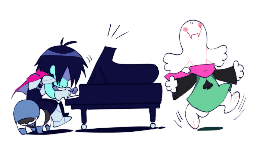 2022 black_hair blue_body blue_skin bovid caprine dancing darkner deltarune drawloverlala duo fur goat hair happy hi_res humanoid keyboard_instrument kris_(deltarune) lancer_(deltarune) male mammal musical_instrument parody peanuts_(comic) piano playing_music ralsei toony undertale_(series) white_body white_fur