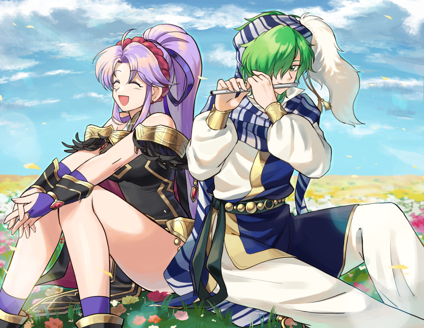 1boy absurdres back-to-back betabetamaru black_dress closed_eyes commentary_request dress female fire_emblem fire_emblem:_genealogy_of_the_holy_war fire_emblem_heroes flute green_hair highres instrument lewyn_(fire_emblem) long_hair music open_mouth own_hands_together playing_instrument ponytail purple_hair sitting smile tailtiu_(fire_emblem) tailtiu_(resplendent)_(fire_emblem)