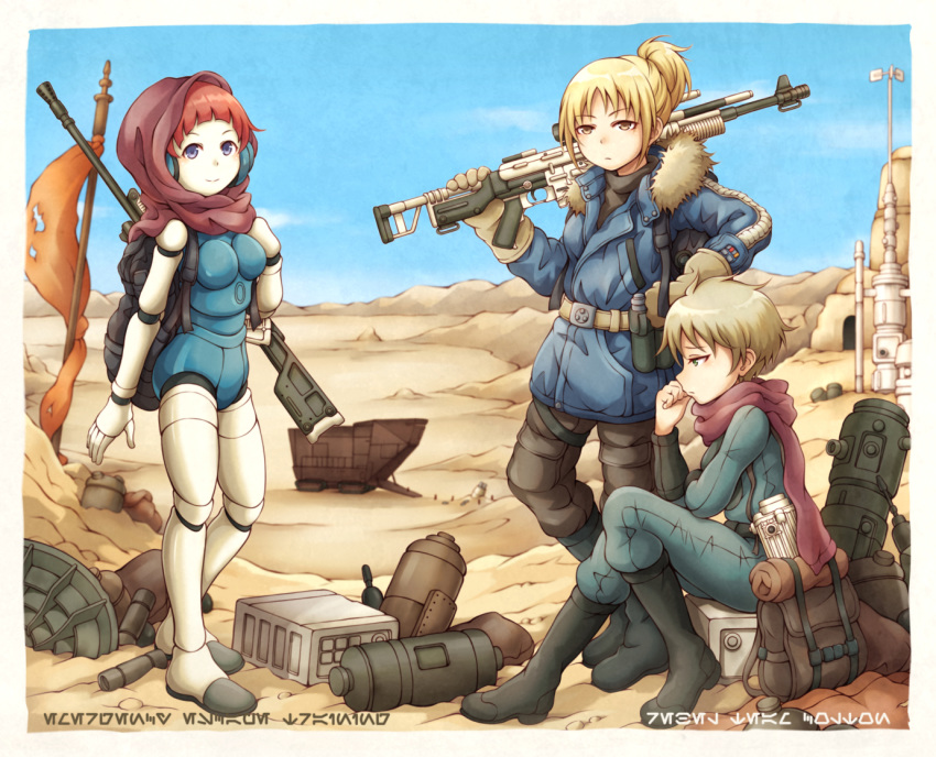 3girls android animification bd-3000_secretary_droid binoculars blonde_hair blue_jacket breasts commentary_request desert droid gun holding holding_gun holding_weapon hood jacket looking_down md5_mismatch medium_breasts multiple_girls nosh over_shoulder red_hair red_scarf rifle robot sandcrawler scarf short_hair sniper_rifle star_wars tatooine tied_hair weapon