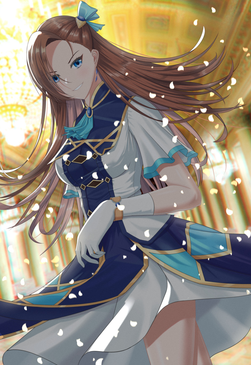 absurdres blue_dress blue_eyes blue_ribbon brown_hair chandelier commentary dress dutch_angle earrings female gloves hair_ribbon highres indoors jewelry katarina_claes long_hair looking_at_viewer multicolored_clothes multicolored_dress otome_game_no_hametsu_flag_shika_nai_akuyaku_reijou_ni_tensei_shite_shimatta petals ribbon smile solo suzhi2333 white_dress white_gloves