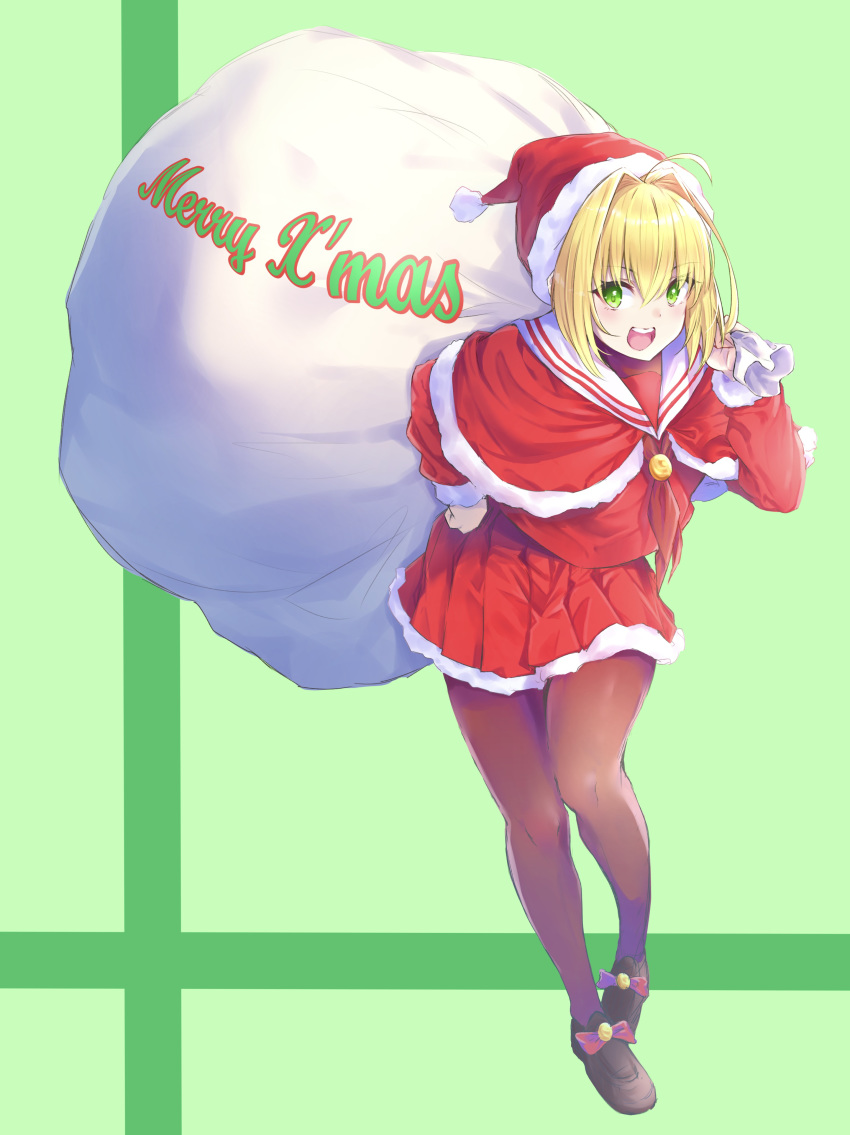 :d absurdres ahoge alternate_costume blonde_hair breasts capelet christmas commentary_request fate/extra fate_(series) female full_body fur-trimmed_headwear fur_trim green_background green_eyes hat highres holding holding_sack long_sleeves looking_at_viewer m.tokotsu merry_christmas nero_claudius_(fate) nero_claudius_(fate/extra) open_mouth over_shoulder pantyhose pleated_skirt red_capelet red_hat red_skirt sack santa_costume santa_hat short_hair skirt smile solo standing