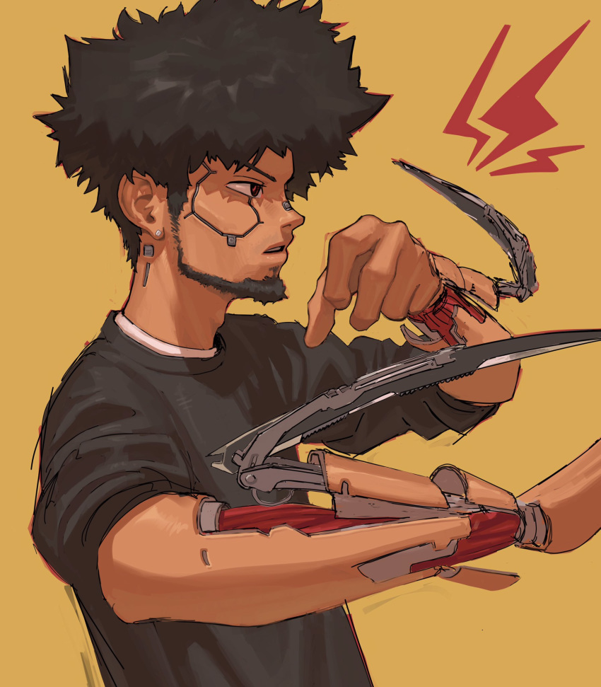 1boy afro arm_blade beard black_shirt commentary cyberpunk cyberpunk_(series) cyberpunk_2077 cyborg dark-skinned_male dark_skin edpan english_commentary facial_hair from_side highres joints lightning_bolt_symbol looking_ahead male_focus mantis_blades_(cyberpunk) mechanical_arms parted_lips red_eyes robot_joints science_fiction shirt solo subdermal_port t-shirt weapon wrist_blades yellow_background