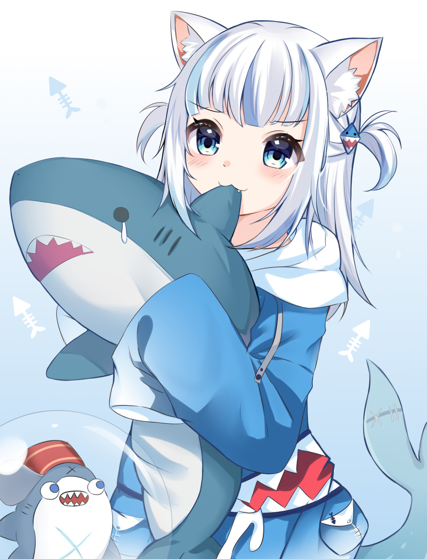 :3 absurdres animal_ear_fluff animal_ears biting bloop_(gawr_gura) blue_background blue_eyes blue_hair blue_hoodie blush cat_ears commentary drawstring female fins fish_tail gawr_gura gawr_gura_(1st_costume) gradient_background grey_hair hair_ornament highres hololive hololive_english hood hood_down hoodie ikea_shark long_sleeves looking_at_viewer multicolored_hair oerba_yun_fang rinringyo shark_tail sharp_teeth sleeves_past_fingers sleeves_past_wrists streaked_hair stuffed_animal stuffed_shark stuffed_toy tail teardrop teeth two_side_up virtual_youtuber white_background