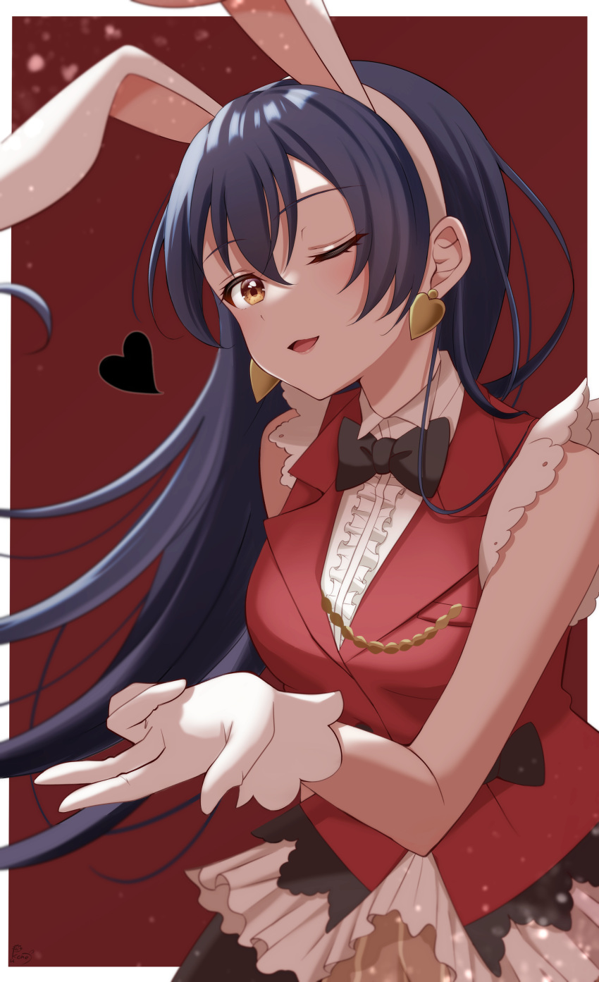 absurdres animal_ears birthday blue_hair breasts commentary earrings female heart highres jewelry korekara_no_someday long_hair looking_at_viewer love_live! love_live!_school_idol_project medium_breasts one_eye_closed pukonuu rabbit_ears red_background solo sonoda_umi upper_body yellow_eyes