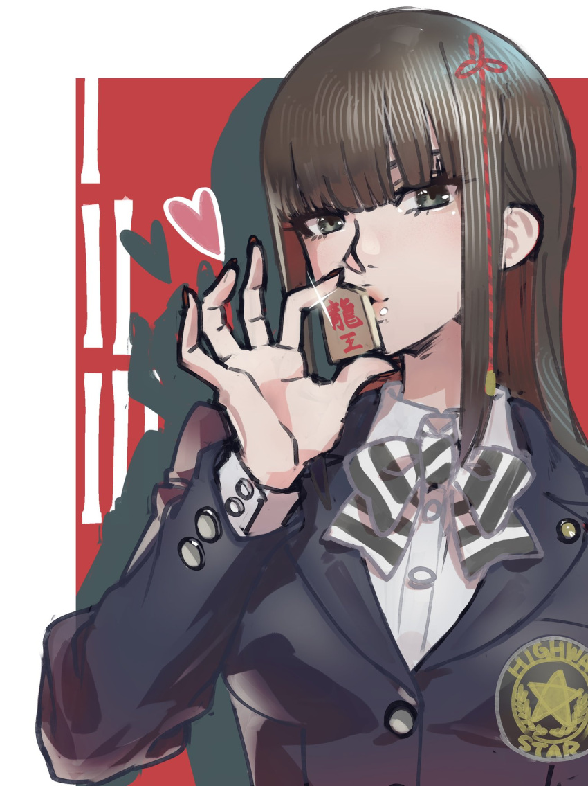 blue_jacket board_game border bow bowtie brown_hair collared_shirt commentary female flower_knot grey_hair hair_between_eyes hair_ribbon hair_tie heart highres hime_cut jacket kosei_high_school_uniform long_hair long_sleeves looking_at_viewer persona persona_5 poechan_chan red_background ribbon school_uniform shadow shirt shogi shogi_piece simple_background solo striped_bow striped_bowtie striped_clothes tassel tougou_hifumi white_border white_shirt