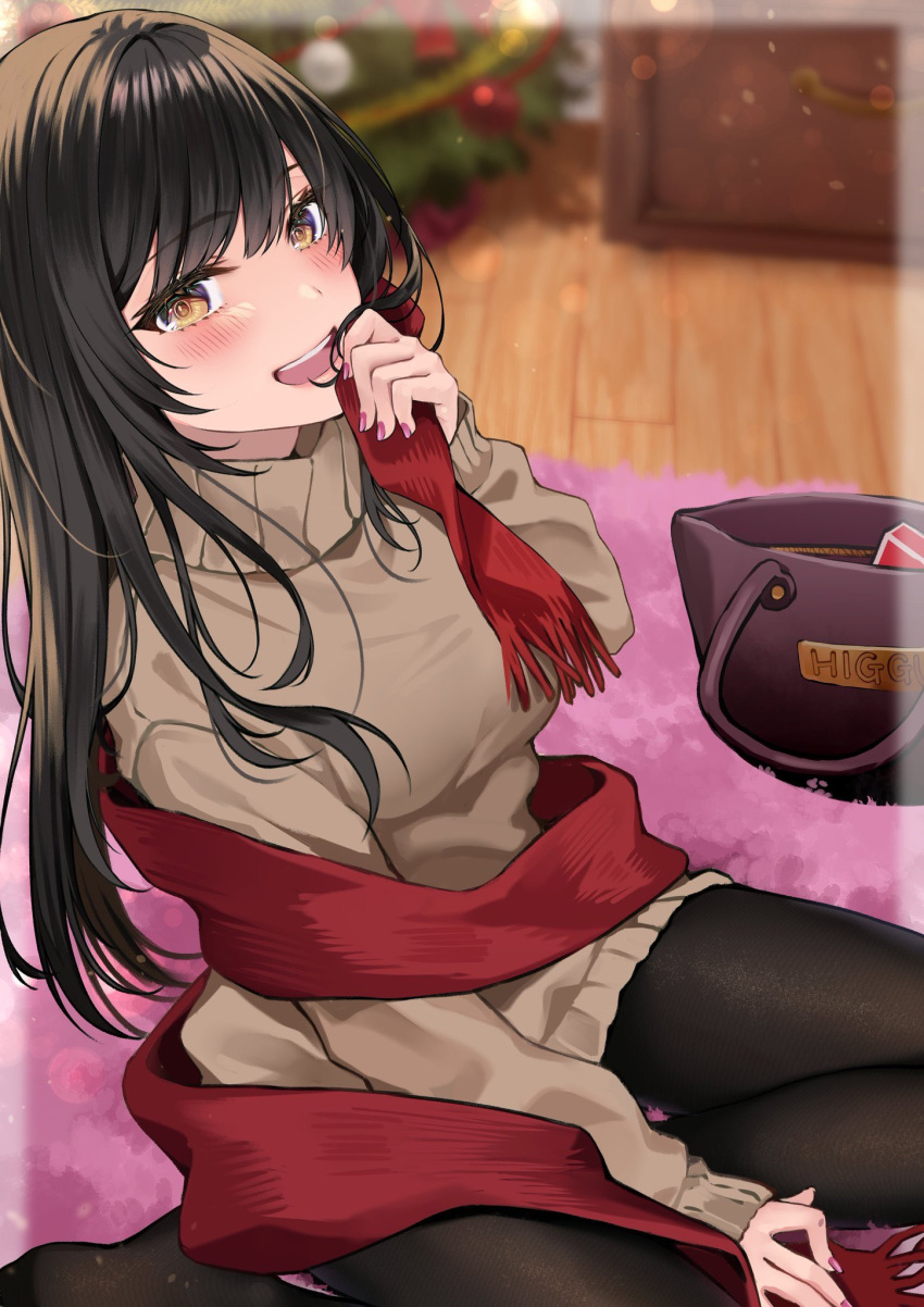 bag beige_sweater between_legs black_hair black_pantyhose blurry blurry_background blush bokeh breasts brown_eyes christmas_tree commentary_request depth_of_field drawer female fingernails hair_between_eyes hand_between_legs hand_in_own_hair hand_to_own_mouth handbag highres hizuki_higure indoors long_hair looking_at_viewer medium_breasts original pantyhose red_scarf scarf sitting solo sweater teeth turtleneck turtleneck_sweater upper_teeth_only wariza wooden_floor