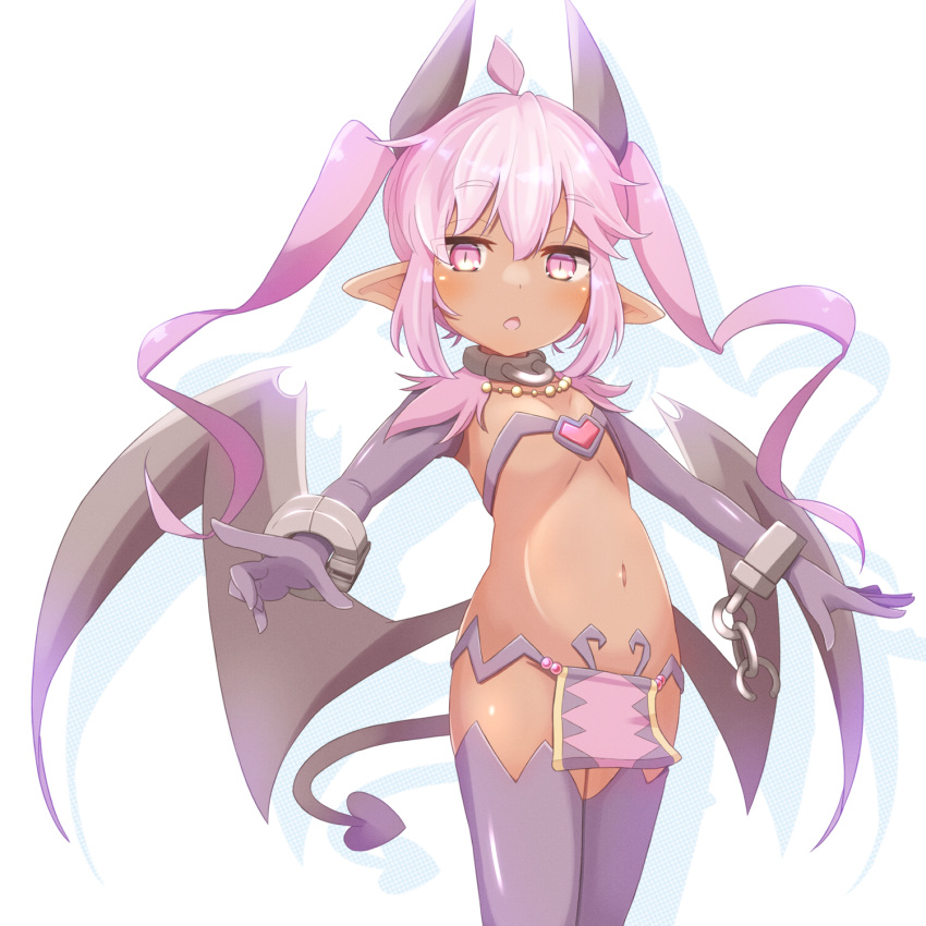 ahoge bat_wings black_horns black_tail black_wings chains cuffs dark-skinned_female dark_skin demon_girl demon_horns demon_tail drop_shadow elbow_gloves female gloves heart highres horns jazz_grace legs_together loincloth long_hair low_wings navel nyx_(sequel) open_mouth pink_eyes pink_hair pointy_ears purple_gloves purple_thighhighs revealing_clothes sequel_(series) sequel_blight shackles sidelocks simple_background solo standing tail thighhighs twintails white_background wings