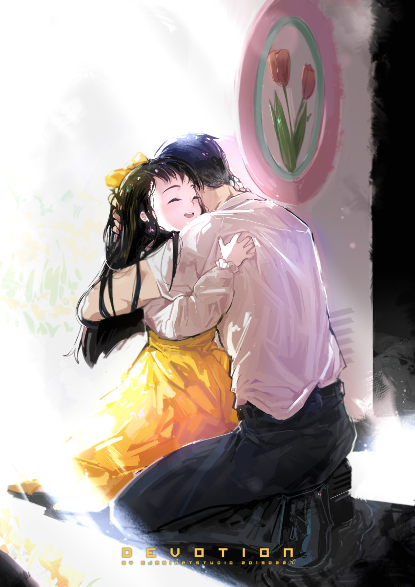 1boy absurdres black_hair bow devotion dress du_fengyu du_meishin ejami female graphite_(medium) hairband hairbow highres hug long_hair photoshop_(medium) shirt traditional_media white_shirt yellow_bow yellow_dress yellow_hairband