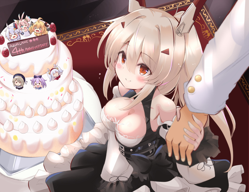 >:) >_< >_o 1boy =_= absurdres ahoge animal_ears anniversary antenna_hair ayanami_(azur_lane) ayanami_(nightfall_raiment)_(azur_lane) azur_lane belt birthday_cake black_belt black_dress blonde_hair blush_stickers breasts brown_hair cake character_doll cleavage collarbone commander_(azur_lane) commentary_request copyright_name cream detached_sleeves dress drill drill_hair fake_animal_ears female food framed_breasts frilled_sleeves frills from_above fruit hair_between_eyes hair_ornament hairclip headgear high_ponytail highres holding_hands horns indoors javelin_(azur_lane) laffey_(azur_lane) long_hair long_sleeves looking_at_viewer looking_up mechanical_horns military military_uniform multicolored_hair naval_uniform official_alternate_costume one_eye_closed orange_eyes pink_hair ponytail pov prototype_bulin_mkii_(azur_lane) purple_hair sidelocks smile specialized_bulin_mkiii_(azur_lane) strawberry tablecloth tonchinkan twin_drills uniform universal_bulin_(azur_lane) v-shaped_eyebrows white_hair white_uniform wide_sleeves z23_(azur_lane)