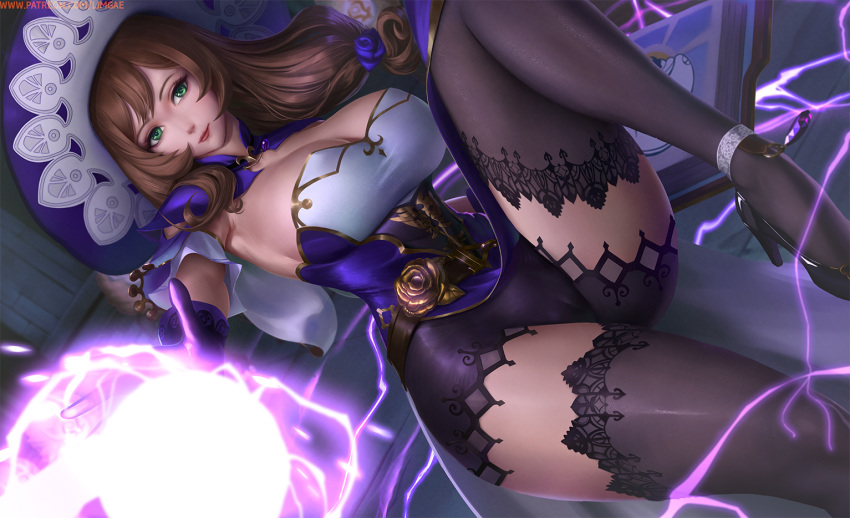 black_gloves black_thighhighs blush breasts brown_hair capelet cleavage female genshin_impact gloves green_eyes hat high_heels large_breasts limgae lips lisa_(genshin_impact) long_hair looking_at_viewer low_tied_hair purple_capelet purple_hat smile solo strapless thighhighs thighs vision_(genshin_impact) witch witch_hat