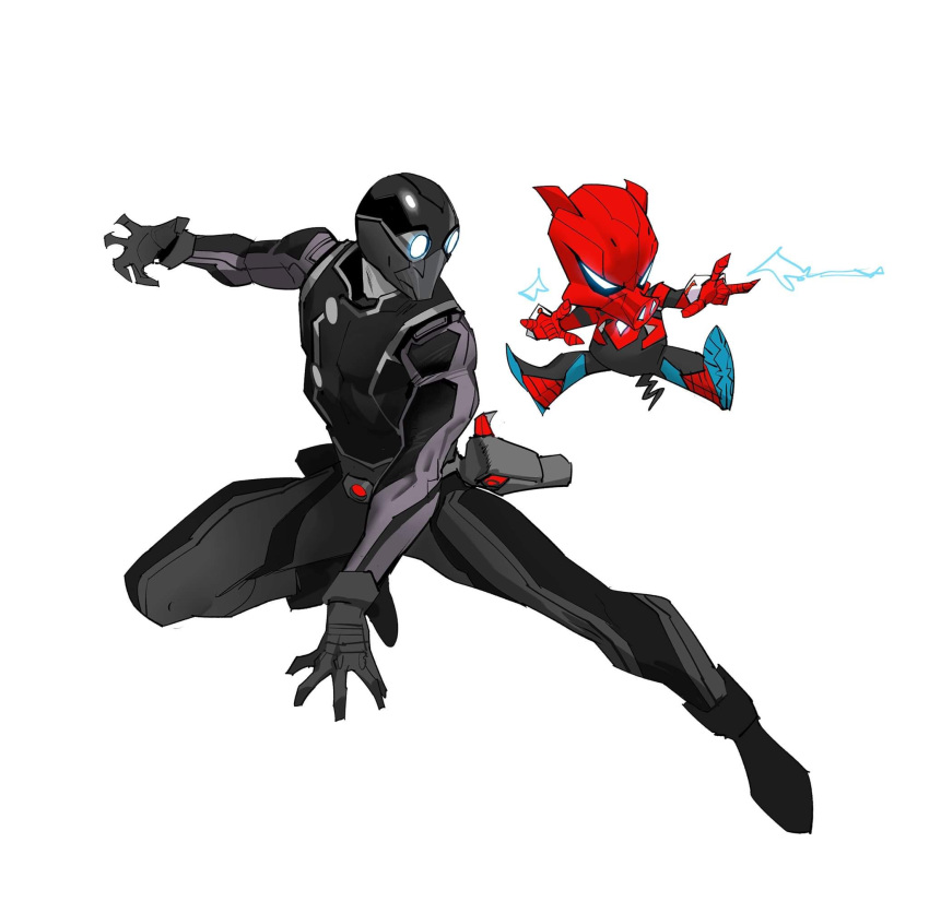 2boys \m/ armor blue_eyes dan_mora electricity glowing glowing_eyes goggles highres looking_to_the_side marvel multiple_boys open_hands pig_boy redesign spider-ham spider-man_(series) spider-man_noir superhero_costume tokusatsu