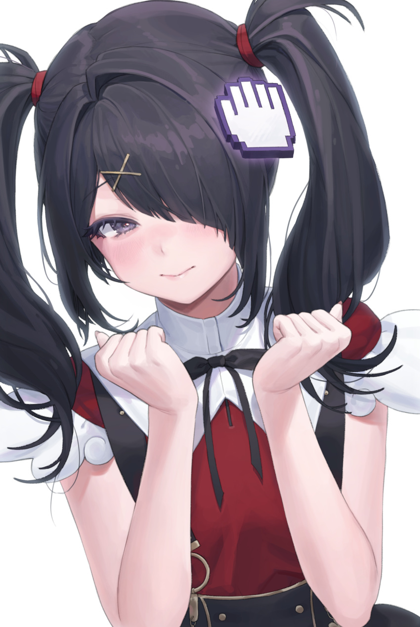 absurdres ame-chan_(needy_girl_overdose) asymmetrical_bangs bare_arms black_eyes black_hair clenched_hands commentary cursor female hair_ornament hair_over_one_eye hairclip headpat highres long_hair looking_at_viewer needy_girl_overdose one_eye_covered p00nipooni simple_background smile solo symbol-only_commentary twintails upper_body white_background x_hair_ornament