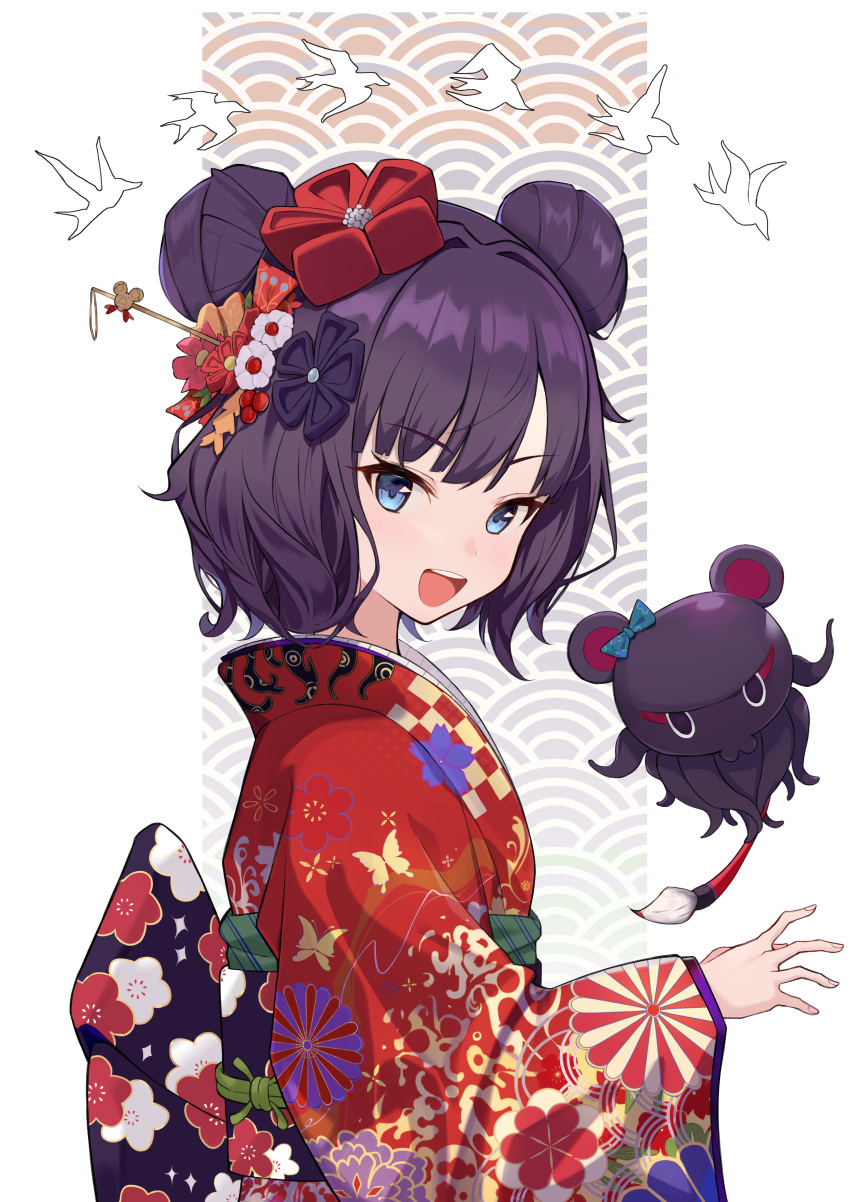 absurdres animal_ears animal_print blue_eyes blush bow breasts butterfly_print calligraphy_brush double_bun fate/grand_order fate_(series) female floral_print flower hair_bun hair_flower hair_ornament hairpin highres japanese_clothes katsushika_hokusai_(fate) kimono long_sleeves looking_at_viewer mouse_ears obi octopus open_mouth paintbrush plum_blossom_print purple_hair red_kimono sash seigaiha short_hair small_breasts smile tokitarou_(fate) torry912 wide_sleeves