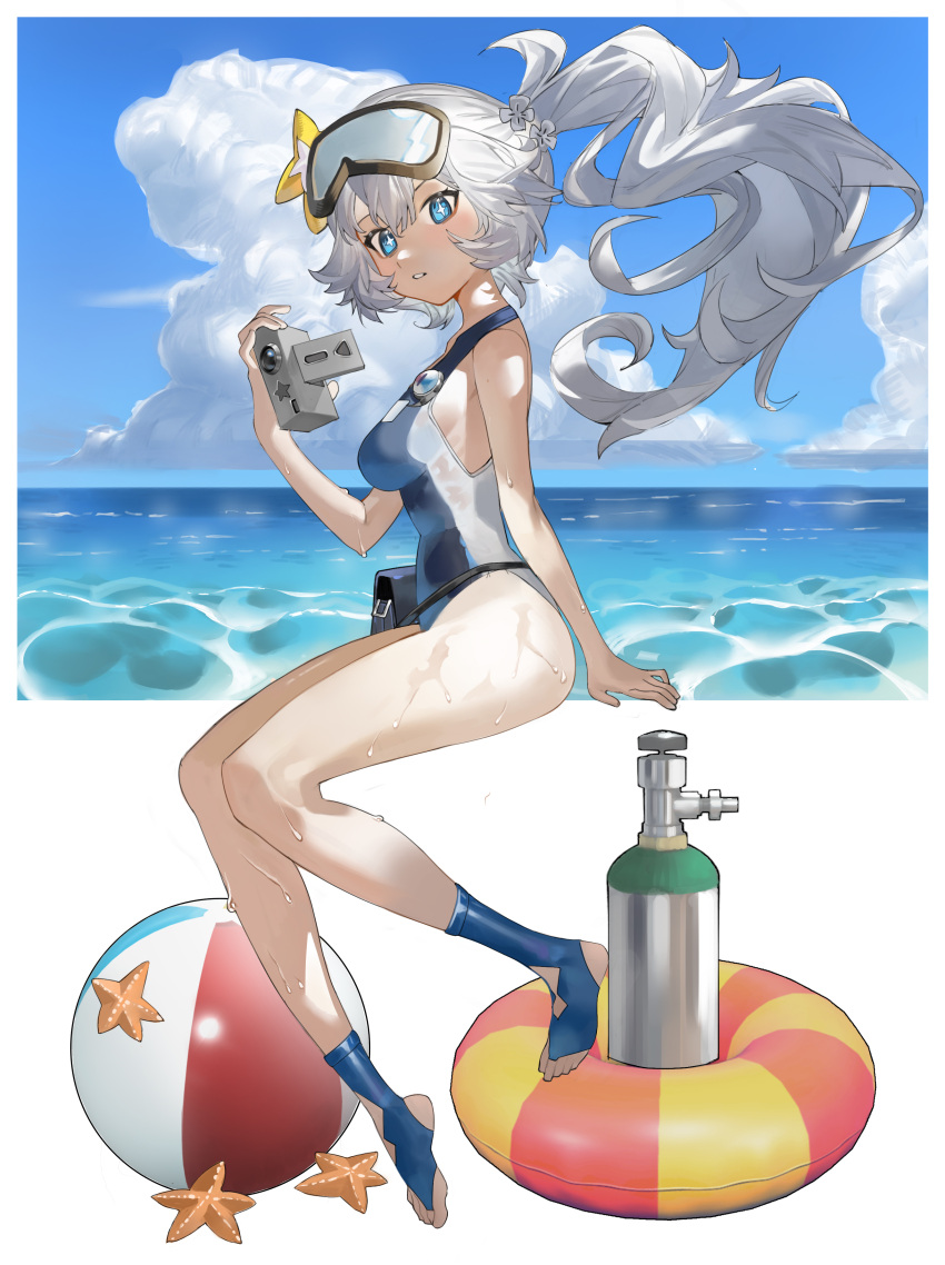 absurdres alchemy_stars ball beachball blue_eyes breasts cloud day female florine_(alchemy_stars) florine_(emergency_diver)_(alchemy_stars) from_side full_body goggles goggles_on_head grey_hair highres horizon innertube invisible_chair long_hair looking_at_viewer looking_to_the_side mosquito_(illumos233) ocean open_mouth outdoors oxygen_tank ponytail pouch school_swimsuit sitting small_breasts solo starfish stirrup_legwear swim_ring swimsuit symbol-shaped_pupils toeless_legwear toes video_camera wet