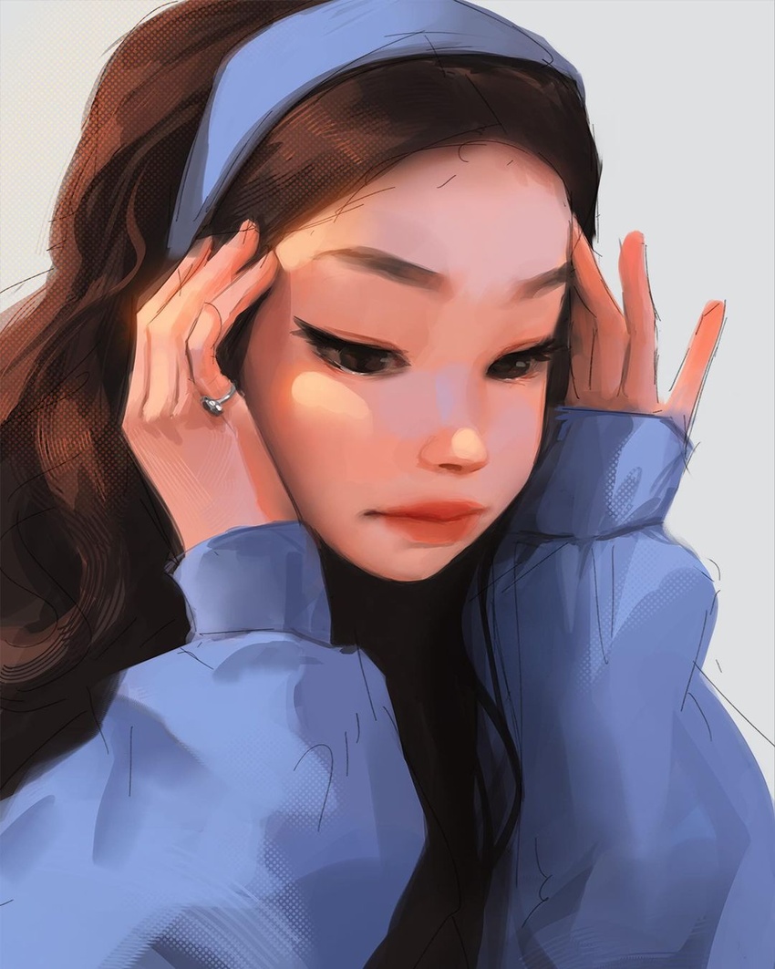 black_eyes blackpink brown_hair completion_time english_commentary female hands_up highres jennie_(blackpink) jewelry k-pop lips long_hair long_sleeves looking_down photoshop_(medium) real_life ring sam_yang simple_background solo white_background